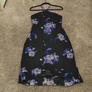 Evan Picone size 10, halter dress with blue floral print on black